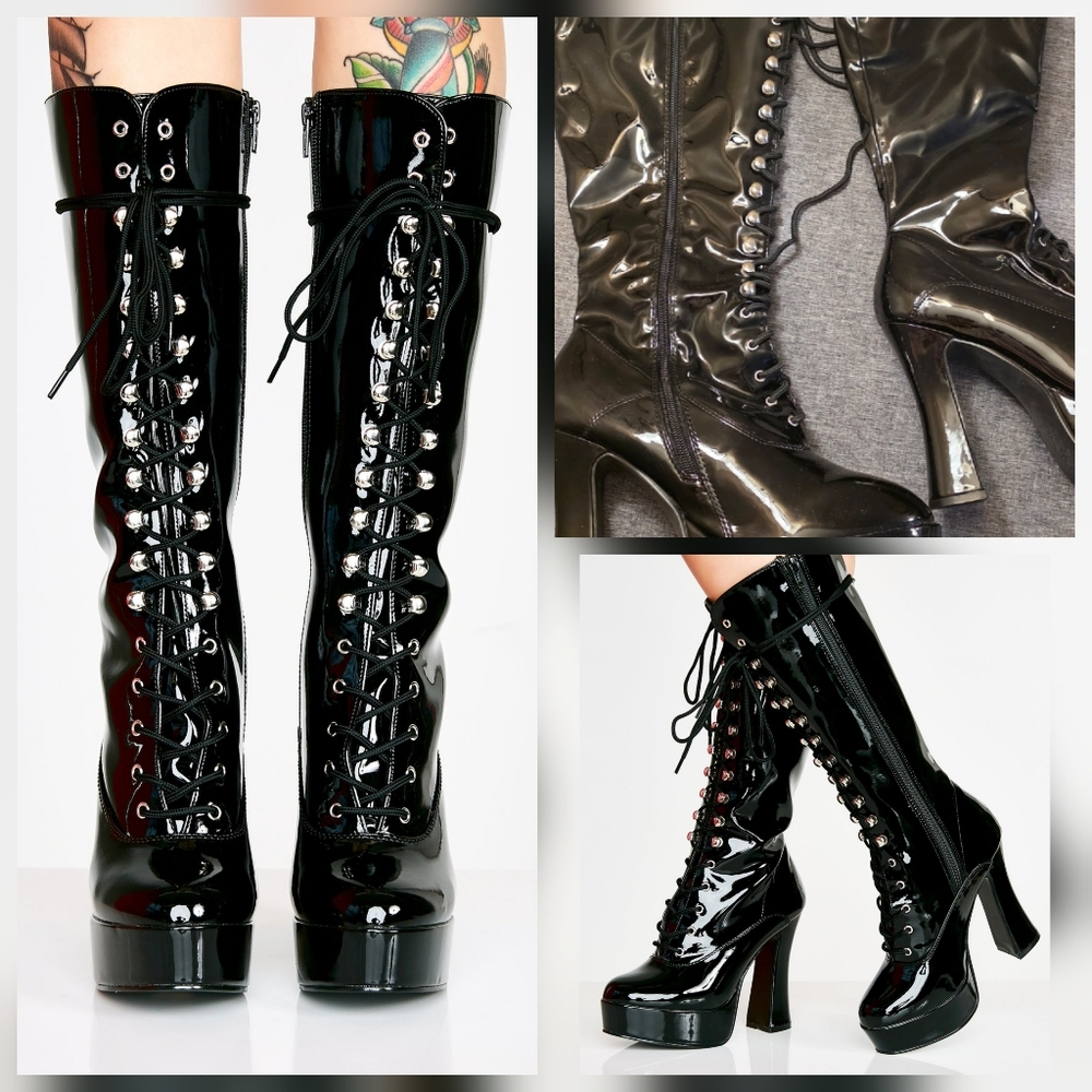 Glossy Black Lace-Up Knee-High Boots